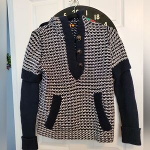 Tory Burch Black and White V-Neck Hoodie Sweater